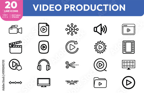 A professional collection of minimalist line icons representing video production and multimedia digital editing tools.