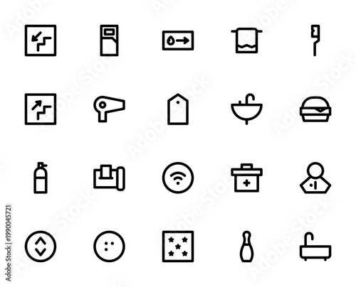 Hotel icon set. Vector hospitality symbols collection. Includes stairs, bed, exit, towel, toothpaste, hair dryer, sink, wifi, bathtub and more. Editable linear icons.