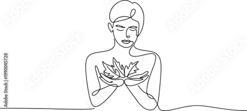 one person holds fallen autumn leaves in her hand to close her eyes autumn. one line art icon drawing vector