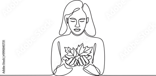 one person holds fallen autumn leaves in her hand to close her eyes autumn. one line art icon drawing vector
