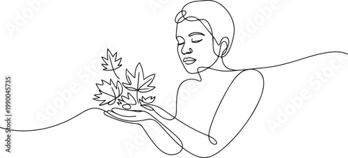 one person holds fallen autumn leaves in her hand to close her eyes autumn. one line art icon drawing vector
