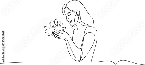 one person holds fallen autumn leaves in her hand to close her eyes autumn. one line art icon drawing vector