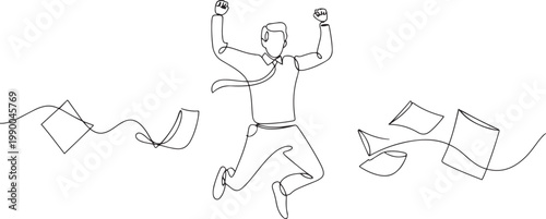 Single continuous line drawing male worker jumps accompanied by scattered paper. Amazing luck. Best marketer of the month. one line art icon drawing vector