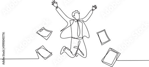 Single continuous line drawing male worker jumps accompanied by scattered paper. Amazing luck. Best marketer of the month. one line art icon drawing vector