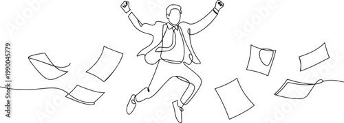 Single continuous line drawing male worker jumps accompanied by scattered paper. Amazing luck. Best marketer of the month. one line art icon drawing vector