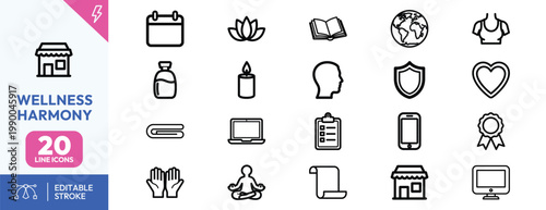 Professional collection of minimalist black line icons representing wellness mindfulness holistic health and lifestyle balance
