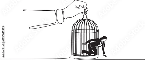 Continuous one line drawing big hand holds the cage want to catch crawling businesswoman. one line art icon drawing vector