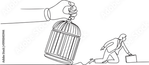Continuous one line drawing big hand holds the cage want to catch crawling businesswoman. one line art icon drawing vector