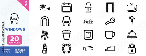 Collection of twenty outline icons for interior design home improvement tools and domestic objects.