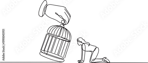 Continuous one line drawing big hand holds the cage want to catch crawling businesswoman. one line art icon drawing vector