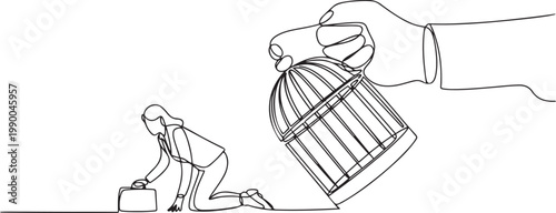 Continuous one line drawing big hand holds the cage want to catch crawling businesswoman. one line art icon drawing vector