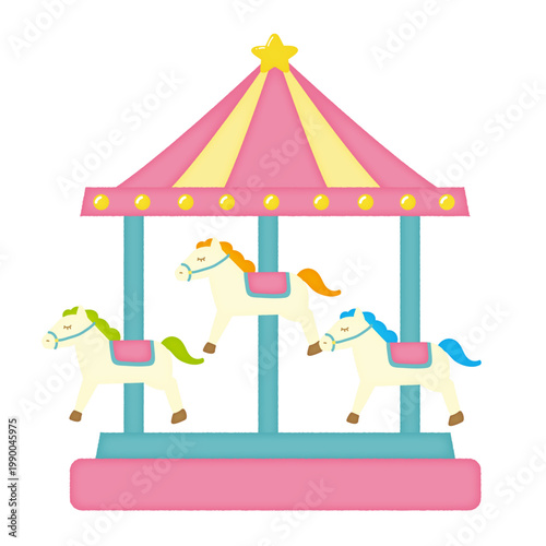 可愛いピンクと黄色のメリーゴーランド 3頭の馬が乗った子供向け回転木馬イラス