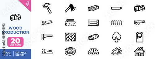 Comprehensive collection of wood production and carpentry line icons for industrial and professional woodworking design projects