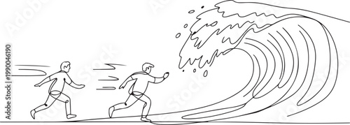 People are running away from the oncoming wave. Natural disaster. one line art icon drawing vector