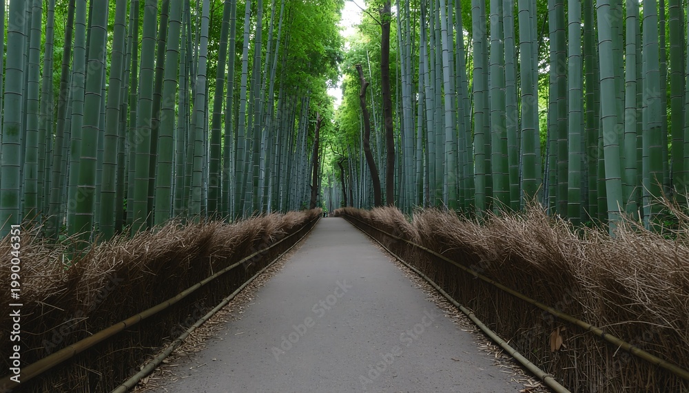 Fototapeta premium Serene Green Bamboo Forest Dirt Path Calm Nature Landscape Background