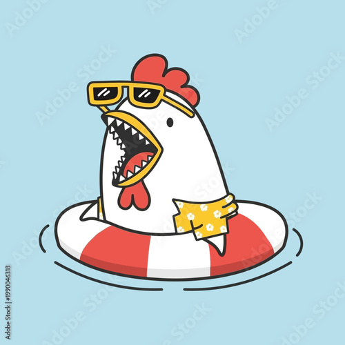Cartoon chicken wearing sunglasses float.