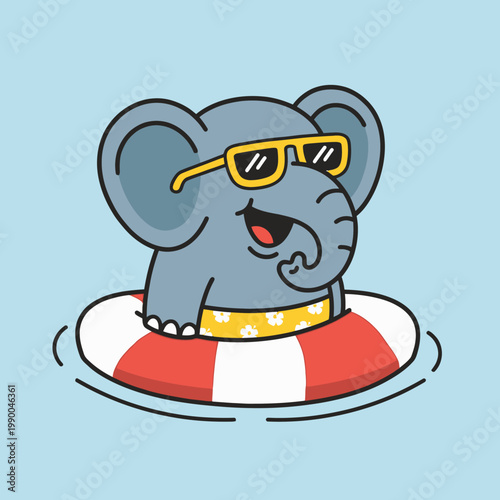 Cartoon elephant wearing sunglasses swimming.