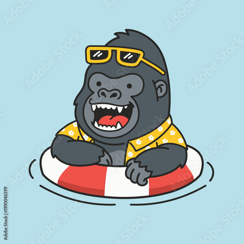 Cartoon gorilla wearing sunglasses swimming.