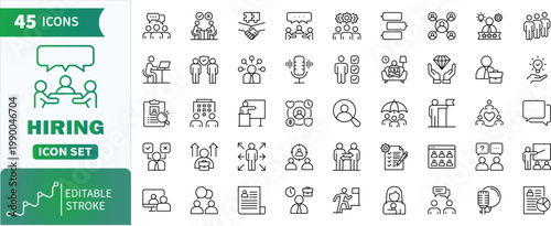 Hiring outline icons set . Line art hiring process, job interview, and career management icons in a grid layout