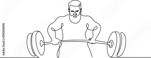 Beard Man Weight Lifting one line drawing. Beard Man Weight Lifting single line illustration. one line art icon drawing vector