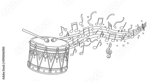 Drum with Musical Notes and Staves Illustration
