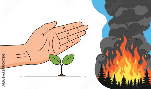 Environmental protection concept with hand shielding green sprout from forest fire, wildfire prevention and nature conservation vector illustration