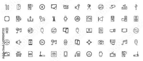 Tech icon set. Minimal line vector icons pack. Includes symbols for computer, mouse, camera, wifi, smartphone, music, server, usb, cpu, tv and more. Editable stroke.