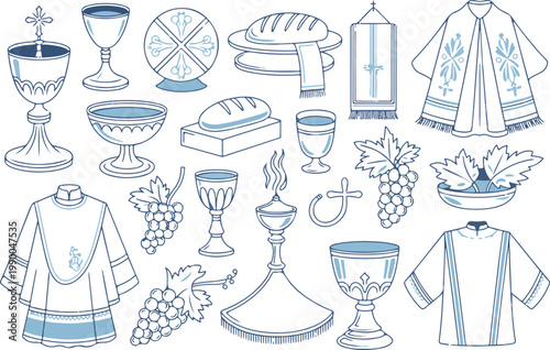 Christianity eucharist items on transparent background illustration set.
