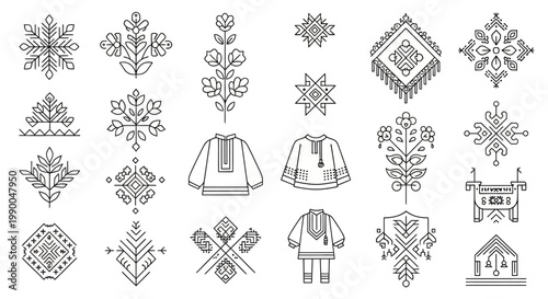 Ethnic Folk Art Patterns: Geometric Motifs, Flowers, and Traditional Clothing Icons