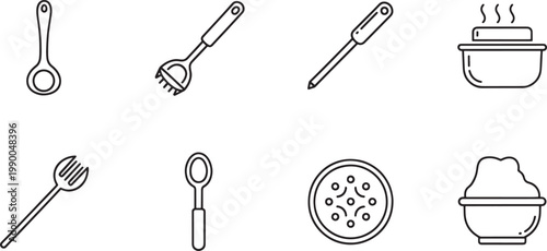 Black and white line of household cleaning tools and