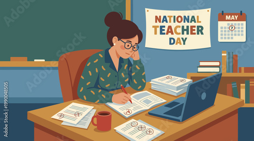 Dedicated Female Teacher Grading Papers at Desk Illustration