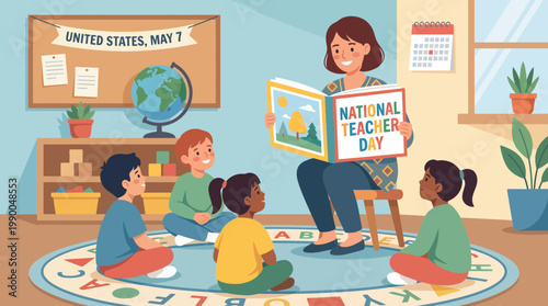 Teacher Reading to Children for National Teacher Day Celebration