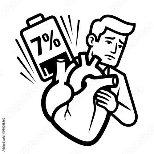 tired man with low battery heart symbol minimalist burnout concept vector