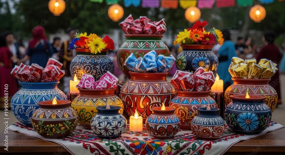 Fototapeta premium Colorful Decorated Vases with Flowers, Candles, and Candies at Outdoor Festival