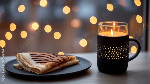 Warm, glowing candle accompanies sweet, folded pastry on a dark plate indoors