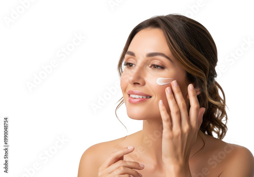 Beautiful woman applying skincare face cream beauty routine isolated on transparent background
