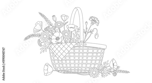 Hand-drawn illustration of a wicker basket overflowing with wildflowers