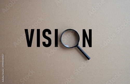 Bilde på lerret Magnifying glass replaces the letter O in the word VISION, concept of self-devel
