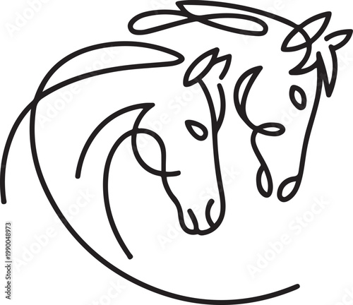 Composition with two horses heads drawn in continuous line in minimalism, abstract, logo, tattoo, symbol of year. one line art icon drawing vector