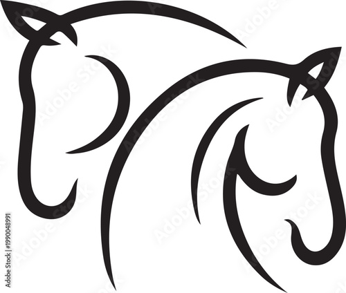 Composition with two horses heads drawn in continuous line in minimalism, abstract, logo, tattoo, symbol of year. one line art icon drawing vector