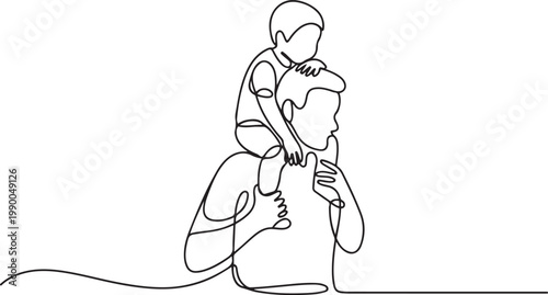 Father carrying his son. Father and son. one line art icon drawing vector