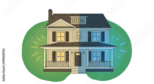 Vector House Illustration, Home Energy Efficiency Concept, Warm vs Cold, Heating and Cooling, Residential Building, isolated on transparent background.