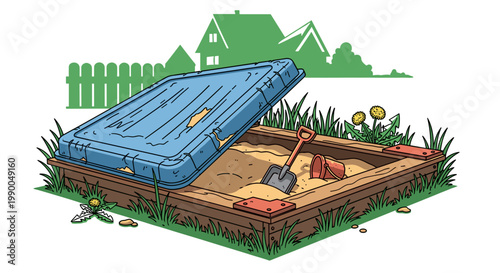 Sandbox Cartoon Vector: Childhood Memories, Playtime Fun, Sandpit with Toys, Open Lid, isolated on transparent background. Summer Play Concept, Kids Activity Center.