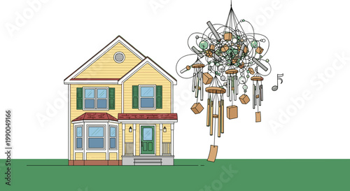 Cartoon House Vector with Whimsical Wind Chimes, Suburban Dream Home isolated on transparent background, Peaceful Melodies Illustration, Home Decor, Exterior Design