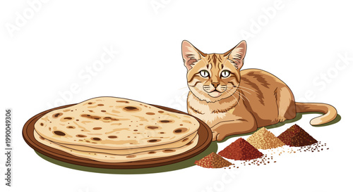 Cute Bengal Cat with Chapati Flatbread & Spices, Culinary Illustration - Healthy Food, Isolated on transparent background for Menu Design, Pet food packaging