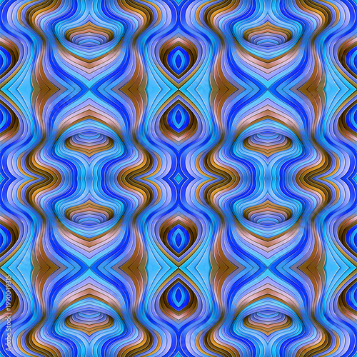 Layered blue shapes create a symmetrical abstract pattern with wavy lines and brown accents forming a mesmerizing visual effect with depth and rhythmic optical movement