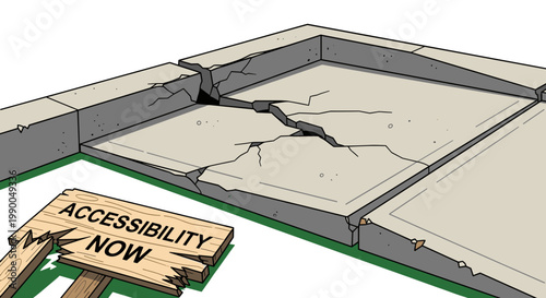Broken Foundation Cartoon with "Accessibility Now" Sign, Symbol of Neglect, Isolated on Transparent Background - Vector Illustration of Systemic Failure & Social Inequality.