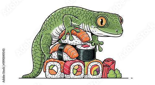 Cute Cartoon Green Gecko Hugging Delicious Sushi Rolls, Funny Japanese Food Fusion Art Isolated on transparent background, Kawaii Lizard Mascot Illustration