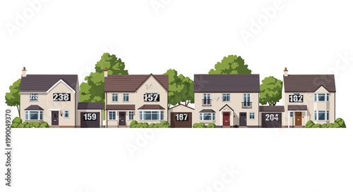 Row of Suburban Houses with House Numbers, Dream Home, Vector Illustration, Real Estate Concept isolated on transparent background for mortgage and investment.