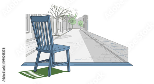 Blue Chair in Empty Street Scene, Lonely and Nostalgic, Vector Illustration isolated on transparent background. Architectural concept with chair, house, road.